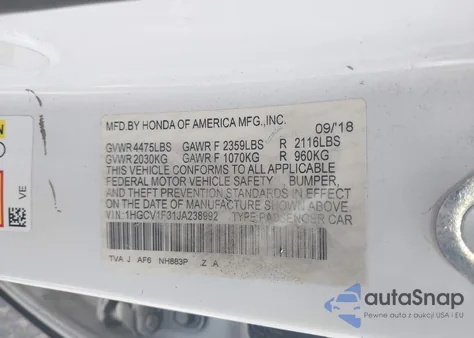 2018 Honda Accord Sport из США, поврежденный, VIN 1HGCV1F31JA238992